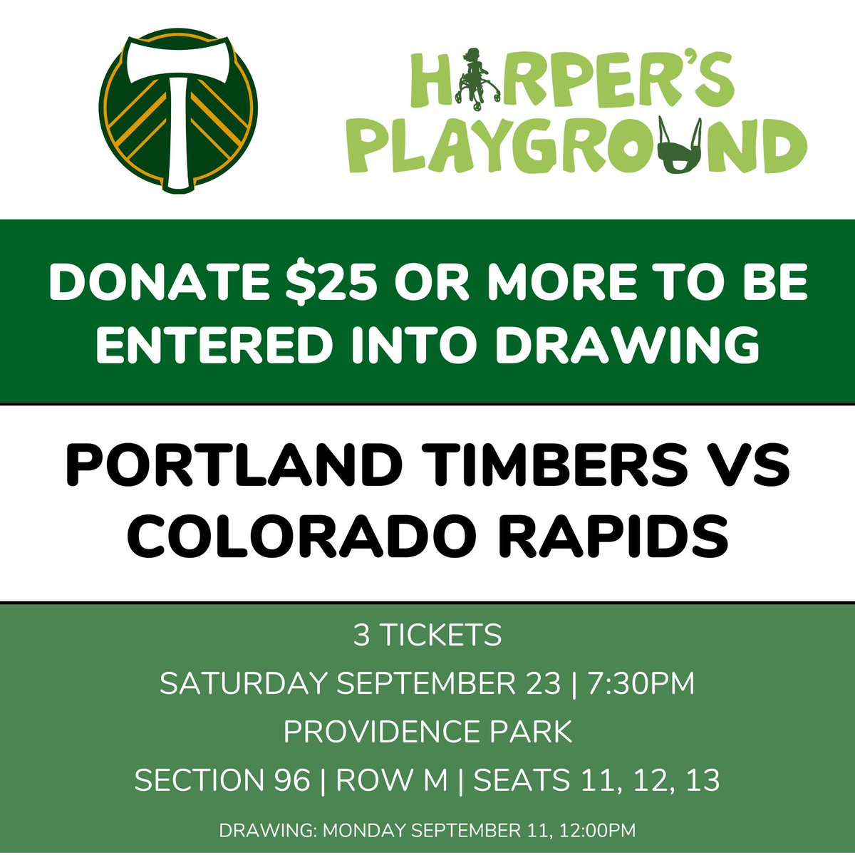 Donate $25 or more and be entered into a drawing to receive 3 tickets to the <a href="/TimbersFC/">Portland Timbers</a> vs Colorado Rapids game on September 23rd! #timbersfc #portlandtimbers
secure.givelively.org/donate/harpers…