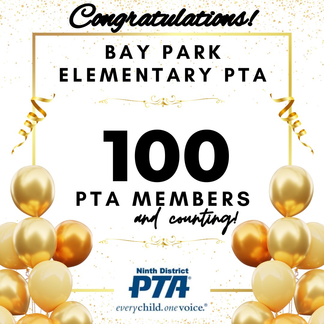 🎉 Welcome to the 💯 Member Club!🎉
Congratulations to the following unit:
Bay Park Elementary PTA
on reaching the 100 member milestone! 

 🌐 Contact your local school’s PTA to find out how to become a member! #PTA4kids #PTAforyourchild #9thdistrict #membershipgoals #100members