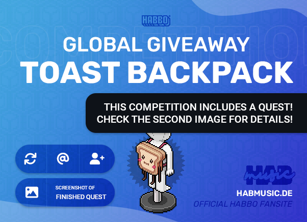 HABXMUSIC's tweet photo. 🎉‼️ GLOBAL COMPETITION 2/5 ‼️🎉
ℹ️ INFO: You are able to redeem the backpack in ANY hotel

To get a chance for a Toast Backpack you have to:
✅ Follow @HabMusic
💬 Tag 3 friends
🔄 RT the tweet
🗒️ Add the quest-screenshot (second image)
🗒️ Your https://t.co/tSAzUiVeNh username https://t.co/R2lyksC3M6