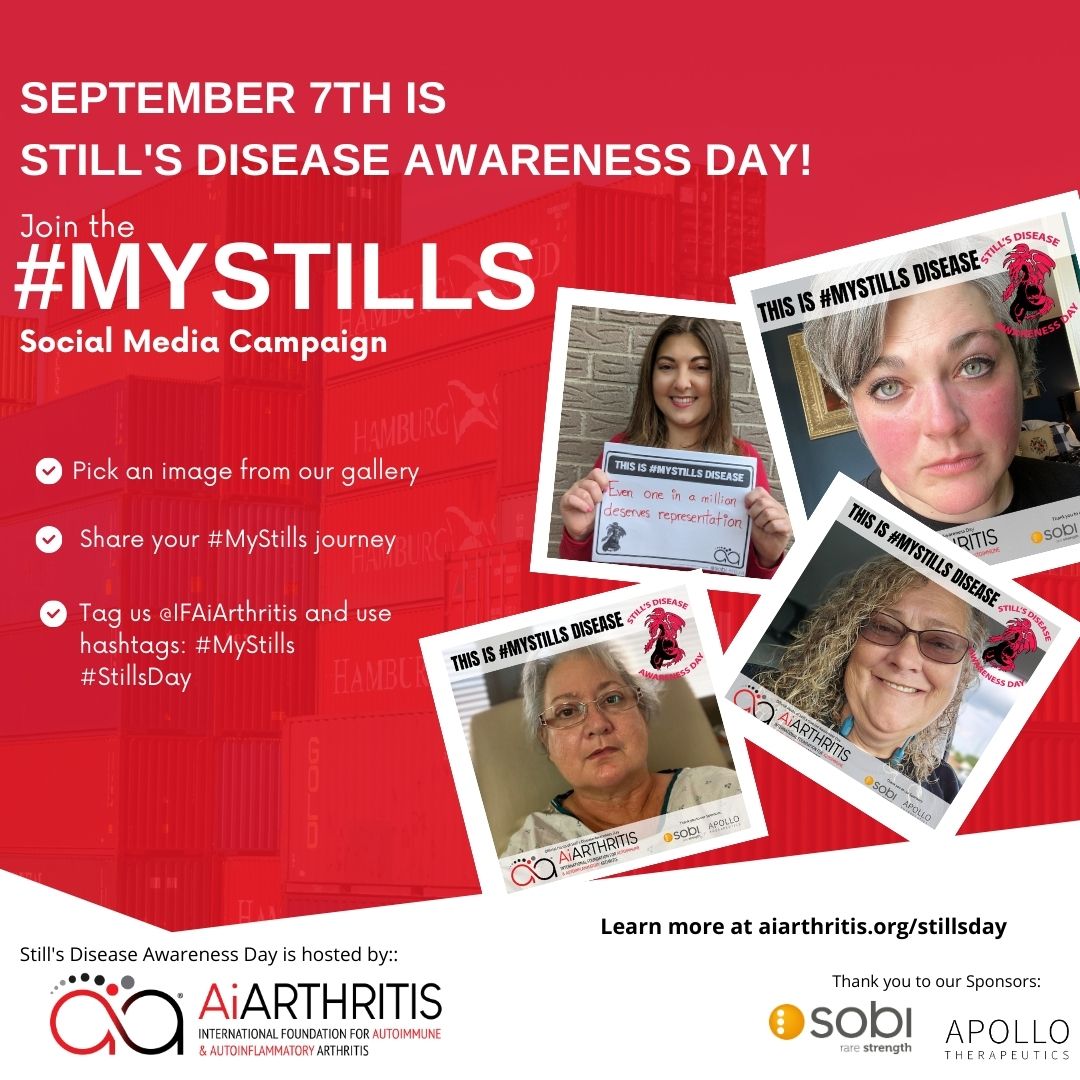 IFAiArthritis's tweet photo. We're hosting a #MyStills social media campaign for Still's Disease Awareness Day. Show what Still's Disease looks like for you and how it impacts your life. Join us and share your awareness posts using #MyStills #StillsDay #StillAware. Learn more at https://t.co/w3OsmNirze https://t.co/0RKHWo2TiU