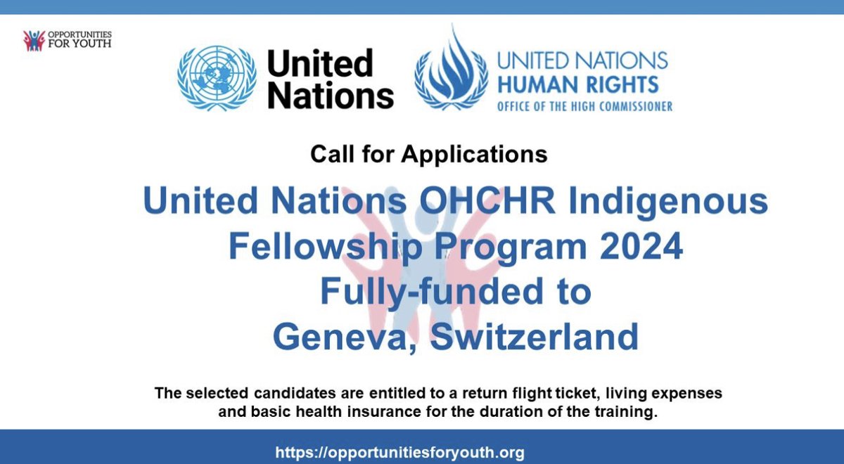 🌍 Apply for UN OHCHR Indigenous Fellowship 2024 in Geneva, Switzerland! Funding includes return flight, living expenses, and health insurance.

📆 Deadline: Sep 30, 2023. 
Apply: bit.ly/3KWH4iZ 

🌟 #HumanRights #FellowshipProgram #UNMechanisms #GlobalOpportunity