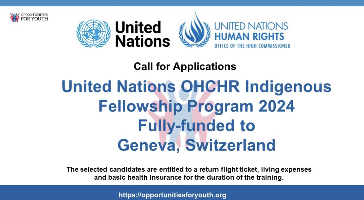 opportunitiesfy's tweet image. 🌍 Apply for UN OHCHR Indigenous Fellowship 2024 in Geneva, Switzerland! Funding includes return flight, living expenses, and health insurance.
📆 Deadline: Sep 30, 2023.
Apply: bit.ly/3KWH4iZ
🌟 #HumanRights #FellowshipProgram #UNMechanisms #GlobalOpportunity