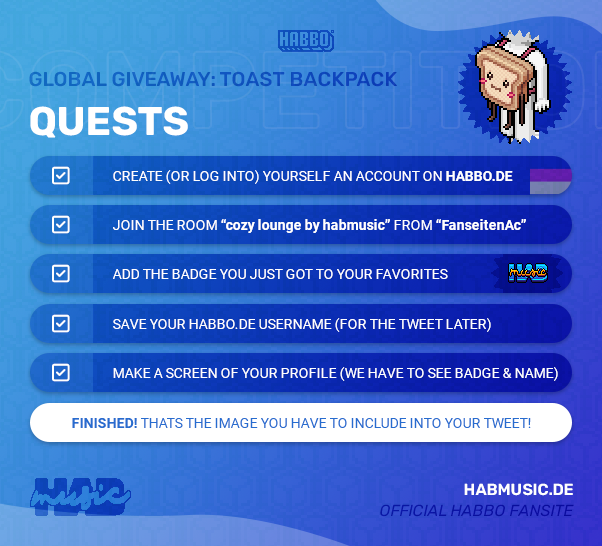 HABXMUSIC's tweet photo. 🎉‼️ GLOBAL COMPETITION 2/5 ‼️🎉
ℹ️ INFO: You are able to redeem the backpack in ANY hotel

To get a chance for a Toast Backpack you have to:
✅ Follow @HabMusic
💬 Tag 3 friends
🔄 RT the tweet
🗒️ Add the quest-screenshot (second image)
🗒️ Your https://t.co/tSAzUiVeNh username https://t.co/R2lyksC3M6