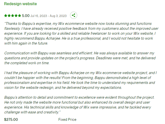 AcharjeejBappu's tweet photo. Thrilled to share some wonderful reviews from my customers on my #WIX website!  You can hire me on Upwork (https://t.co/eYFTq6ebLs) or Fiverr (https://t.co/n4IeKop9bZ) https://t.co/0fJy17El7E
