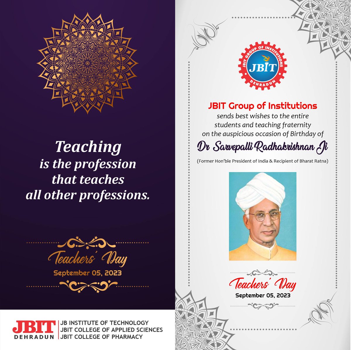 JBIT Group of Institutions sends best wishes to the entire students and teaching fraternity on the auspicious occasion the Happy Teachers' Day - September 05, 2023.
#TEACHERS'DAY #SRKRISHNAN #TEACHINGPROFESSION #NOBLEPROFFESSION