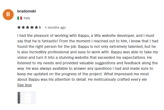 AcharjeejBappu's tweet photo. Thrilled to share some wonderful reviews from my customers on my @Wix website! As a web developer and SEO expert, I have completed over 200 projects in #WIX CMS! You can hire me on @Upwork  (https://t.co/eYFTq6ebLs) or @fiverr (https://t.co/n4IeKop9bZ) https://t.co/5YKGpi95XV