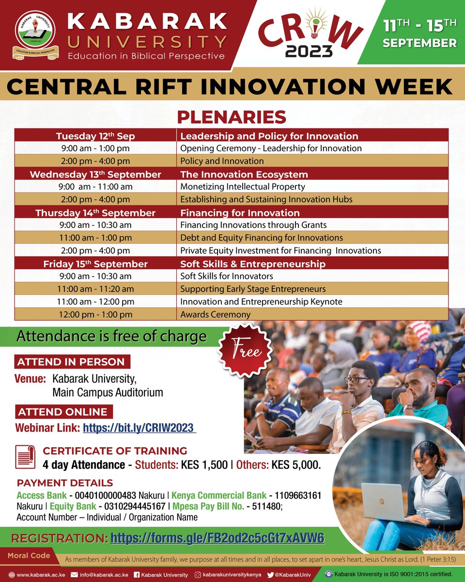 📝 REGISTRATION:  forms.gle/FB2od2c5cGt7xA…
🎥 Webinar Link: bit.ly/CRIW2023

#CRIW2023 <a href="/KabarakRIO/">KABARAK UNI. Research, Innovation & Outreach</a> <a href="/KABUPressKE/">Kabarak University Press</a> <a href="/KUSO_Council/">Kabarak University Students Org. (Council)</a> <a href="/mosesthiga/">mosesthiga</a>