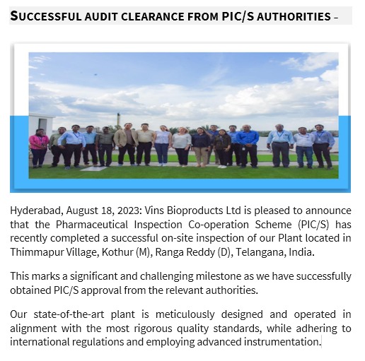 VINSBIOPRODUCTS's tweet photo. Successful Audit clearance from PIC/S Authorities https://t.co/eZo1Je9maY