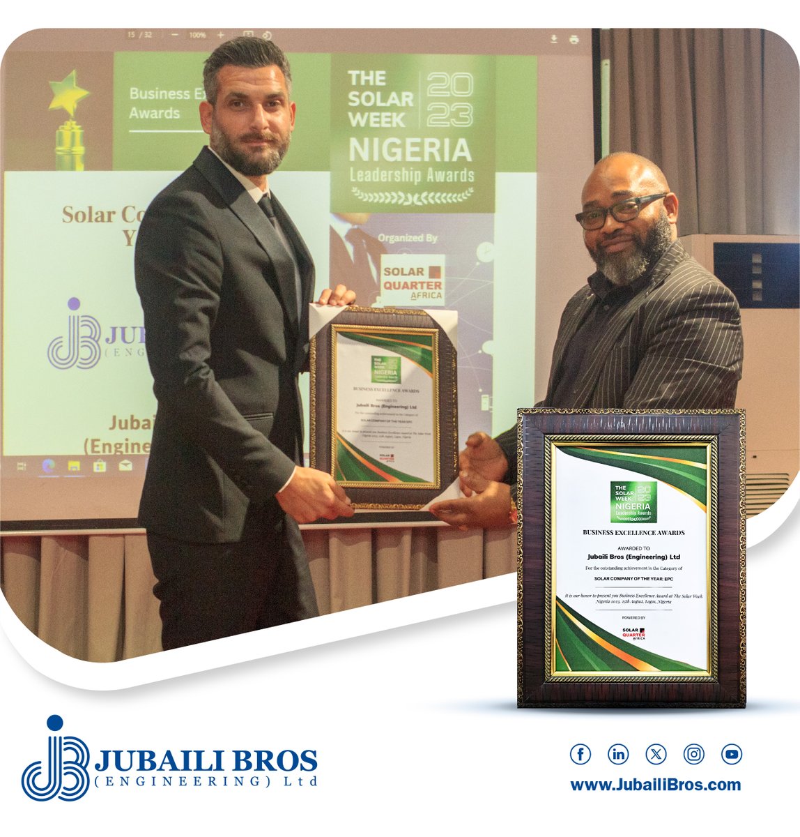 jubailibros's tweet image. Proud to announce that #JubailiBros has been named 𝐒𝐨𝐥𝐚𝐫 𝐂𝐨𝐦𝐩𝐚𝐧𝐲 𝐨𝐟 𝐭𝐡𝐞 𝐘𝐞𝐚𝐫 - 𝐄𝐏𝐂 at the #SolarQuarter event! &amp;gt;&amp;gt; linkedin.com/feed/update/ur…
#Sustainability #RenewableEnergy #Nigeria