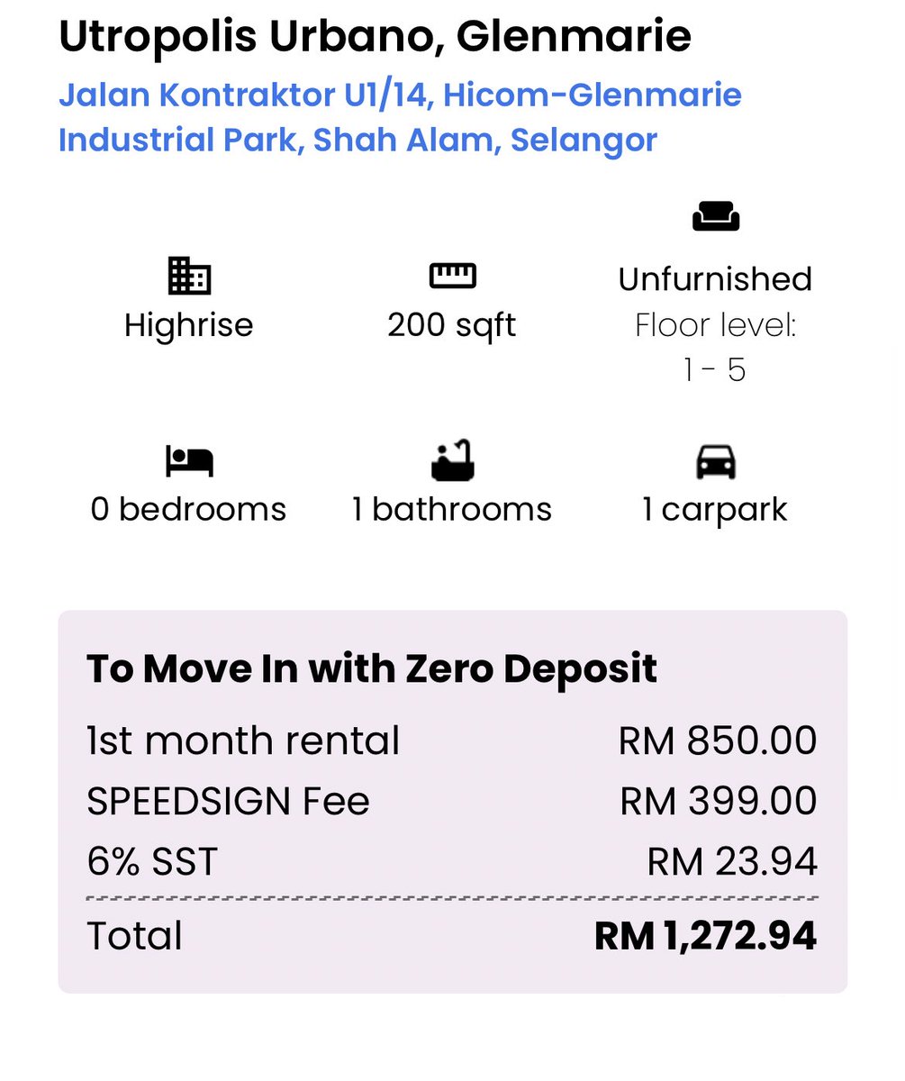 monologmaya's tweet photo. Saya nak cadangkan guna apps SpeedHome kalau nak cari rumah sewa, terutamanya untuk yang baru berkahwin atau yang ada kekangan kewangan.

SpeedHome tawarkan konsep Zero Deposit. Maksudnya kita cuma perlu bayar sewa rumah bulan pertama, SpeedSign Fee dan SST. Saya attach gambar contoh di bawah.

Kebiasaanya kita spend sampai RM3500++ sebab ada deposit 2+1. SpeedHome ni membantu sbb kita boleh guna duit lebih tu untuk benda benda lain yang lebih penting atau sebagai simpanan.