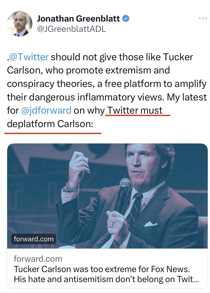 simonateba's tweet photo. Many are calling for the head of the Anti-Defamation League (@ADL), Jonathan Greenblatt (@JGreenblattADL), to be banned from X after he called @TuckerCarlson an "obvious antisemite" and asked @elonmusk and @lindayaX to deplatform him from X, claiming he's spreading hate. He often labels people and platforms on the right as full of hate while he's full of love. Free speech and alternative views to him seem like hate. What do you think?

These old posts were dug out by @alx while Musk is also about to sue ADL for defamation.
