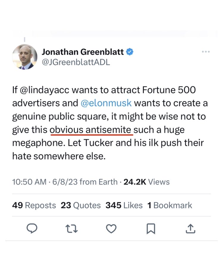 simonateba's tweet photo. Many are calling for the head of the Anti-Defamation League (@ADL), Jonathan Greenblatt (@JGreenblattADL), to be banned from X after he called @TuckerCarlson an "obvious antisemite" and asked @elonmusk and @lindayaX to deplatform him from X, claiming he's spreading hate. He often labels people and platforms on the right as full of hate while he's full of love. Free speech and alternative views to him seem like hate. What do you think?

These old posts were dug out by @alx while Musk is also about to sue ADL for defamation.