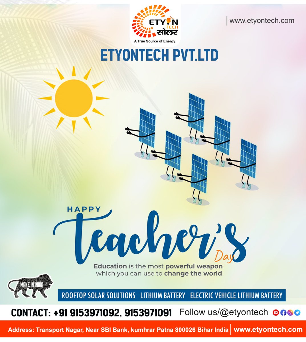 etyontech's tweet photo. Happy Teacher's Day 
Education is the most powerful weapon 
Which you can use to change the world
#happyteachersday2023 #HappyTeachersDay
.
.
अधिक जानकारी के लिए संपर्क करें।
📞 Contact: 091539 71092, 9153971091
Etyontech https://t.co/nTci0Iu8jx