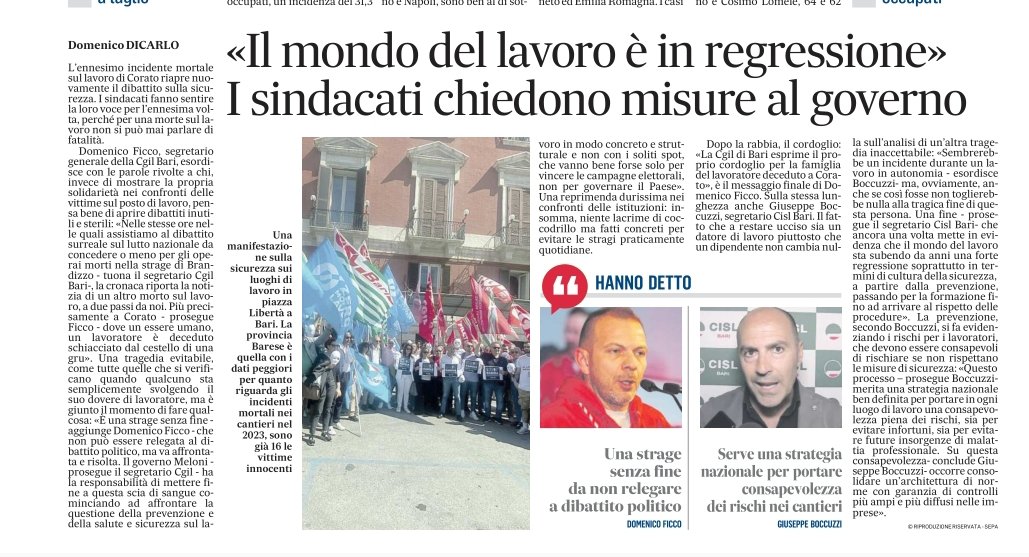 cisl_bari's tweet photo. Sul @Quoti_Puglia  intervento del nostro Segretario Generale @boccuzzibeppe  sugli incidenti sul lavoro. Nel 2023 già 16 vittime. Inaccettabile!
@antonia_sinisi @pasqualefiore @CislPuglia @CislNazionale @inail_gov 
#mortisullavoro #sicurezza https://t.co/hubRfkIDpr