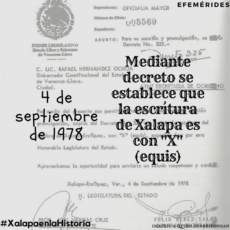 Xalapa_Historia's tweet photo. #Efemérides

Un día como hoy pero de 1978, se establece la escritura de Xalapa con "X" (equis) mediante decreto. #XalapaenlaHistoria https://t.co/ZZvAOtEqIl