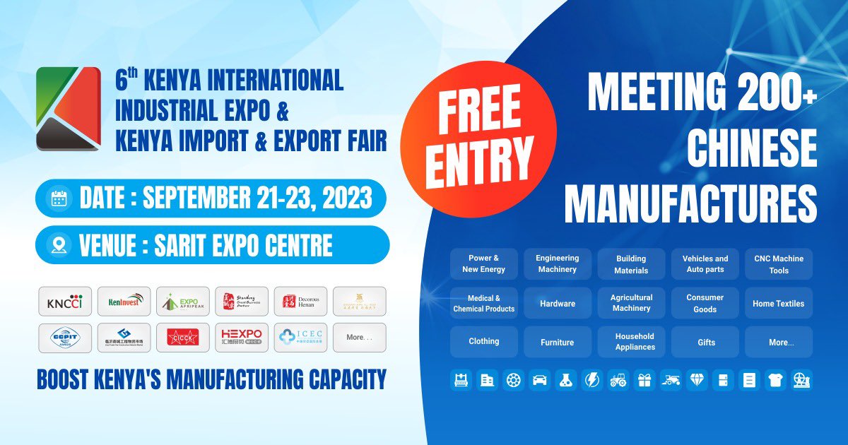 SaritThe's tweet photo. Ignite your business success at the Kenya Import&Export Fair and Kenya International Industrial Expo!
Save the date: September 21-23 at Sarit Expo Centre.
It's time to take your business to new heights!
Sign up to join us! https://t.co/cAdlPuvhsq
#SaritExpoCentre #KIIE #Expo https://t.co/pmbXueypnj