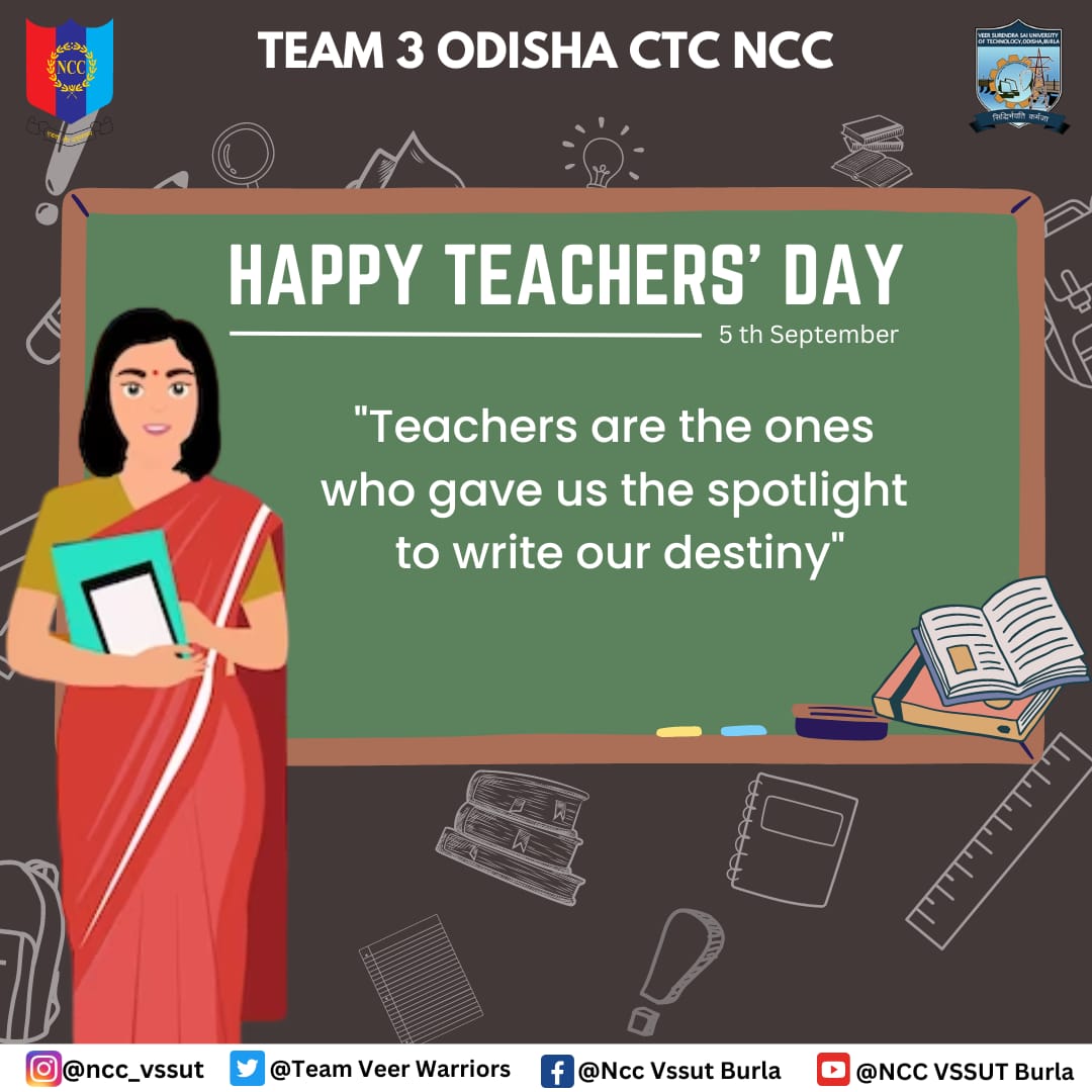 veerwarriors's tweet photo. Team 3(O) CTC NCC wishes all the teacher’s a Happy Teacher’s Day and urges everyone to come forward and pay obeisances to great warriors who shape our life and show us the right path.
@PMOIndia @DefenceMinIndia @HQ_DG_NCC @95aceaviator @hirakudwarrior https://t.co/f7VSqiM2Ze
