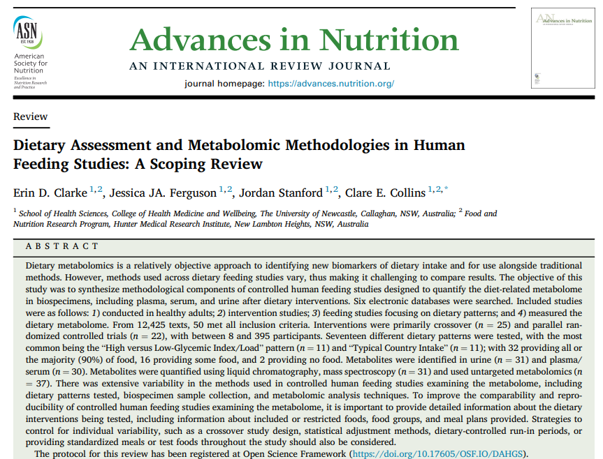 So proud of my team! Our scoping review now published in #Advances_in_Nutrition 'Dietary Assessment and Metabolomic Methodologies in Human Feeding Studies' <a href="/Er1nClarke/">Erin Clarke</a> <a href="/JStanfordAPD/">Jordan Stanford</a> <a href="/JessJAFerguson/">Dr Jess Ferguson</a> @UON_research <a href="/HMRIAustralia/">Hunter Medical Research Institute (HMRI)</a> <a href="/UONnutrition/">UON Nutrition</a> authors.elsevier.com/sd/article/S21…