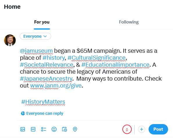 Have tried to post the attached (or versions of it), but "X" seems to keep sending it off to a black hole.  Gonna see if this works.  

<a href="/jamuseum/">JANM</a>  #HistoryMatters #LetsMakeAmericaBuenoAgain