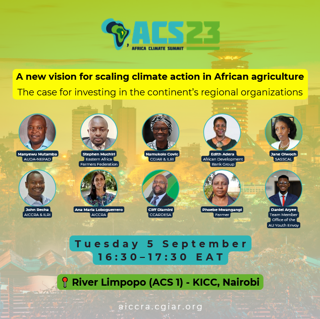 CGIARAfrica's tweet photo. TODAY at @AfClimateSummit! We look forward to welcoming delegates and our regional &amp; continental partners to this side-event hosted in partnership with the @_AfricanUnion and @EAFFinfo. 

📍 **ROOM UPDATE** RIver Limpopo (ACS 1) at 16:30 (EAT)

bit/ly/ACSACW2023 #ACS2023 https://t.co/d4J4Qc3WIW