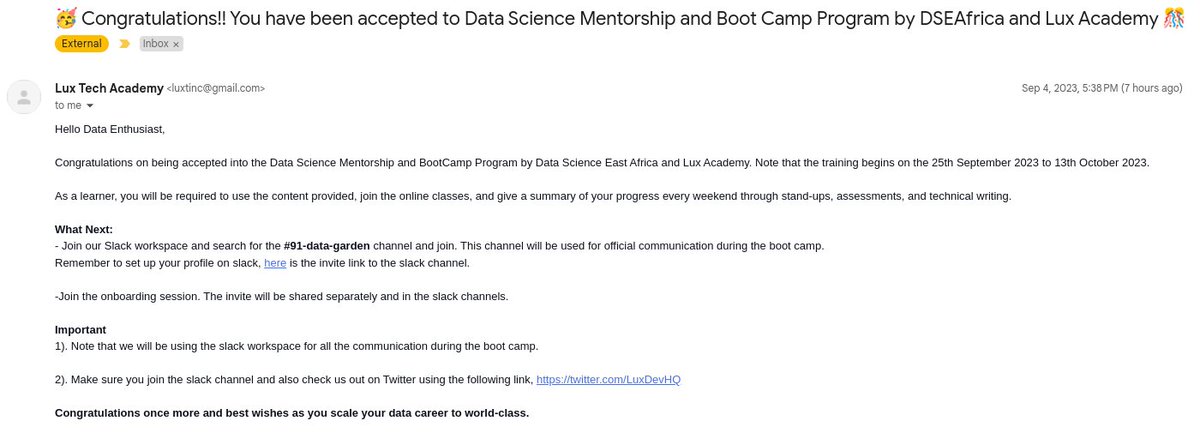 Garang06's tweet photo. I'm glad and super excited to be accepted into the #DataScienceMentorship and Bootcamp program by Lux Tech Academy. I look forward to learning, building, and connecting with like-minded #Data Enthusiasts.
@DSEAfrica
@lux_academy
@LuxDevHQ https://t.co/s7nFNQKH8o