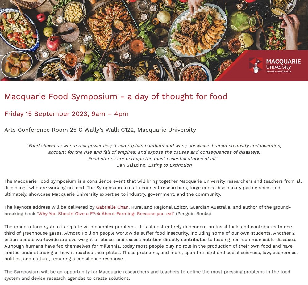 📣 Calling all food enthusiasts & thinkers!🍎🔍 Register for the upcoming #FoodSymposium @Macquarie_Uni! Dive into cross-disciplinary insights from MQ Uni experts + don't miss @GabrielleChan's keynote on the importance of farming in our diets! 📅 15 Sept 🔗event.mq.edu.au/food-symposium…