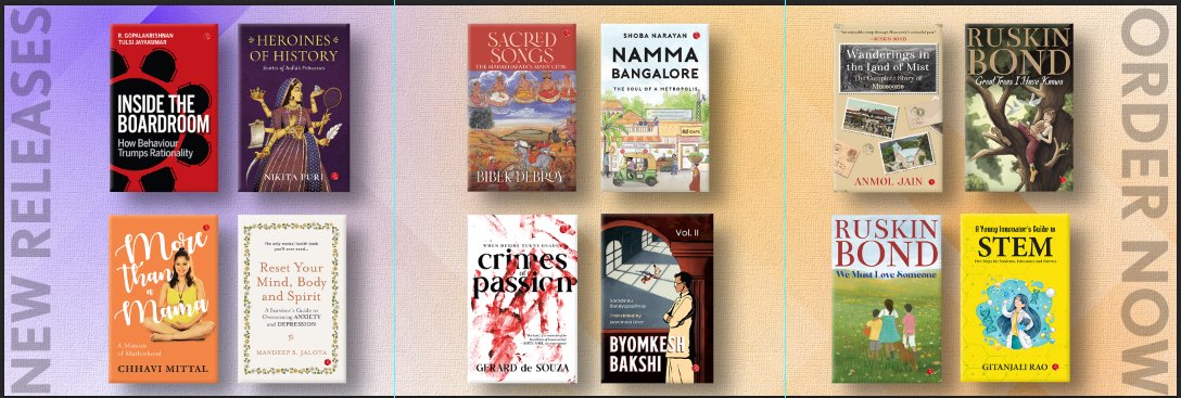 ... And the books are out. Order yourself a copy.
#InsideTheBoardroom #MoreThanAMama #HeroinesOfHistory #NammaBnagalore #SacredSongs #CrimesOfpassion #ByomkeshBakshi #WanderingsInTheLandOfMist  #AYoungInnovatorsGuideToSTEM
<a href="/Our_Gopal/">R Gopalakrishnan</a> <a href="/chhavihussein/">Chhavi Mittal</a> <a href="/bibekdebroy/">Bibek Debroy</a> <a href="/ShobaNarayan/">Shoba Narayan</a>
