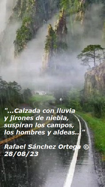 foncho05's tweet photo. "...Calzada con lluvia
y jirones de niebla,
suspiran los campos,
los hombres y aldeas..."

Rafael Sánchez Ortega ©
28/08/23

#LetrasYLatidos
#ClubDelNovelista
#LYF15
#PAficionados
#SocioPoetas https://t.co/KVFtFcnrd8