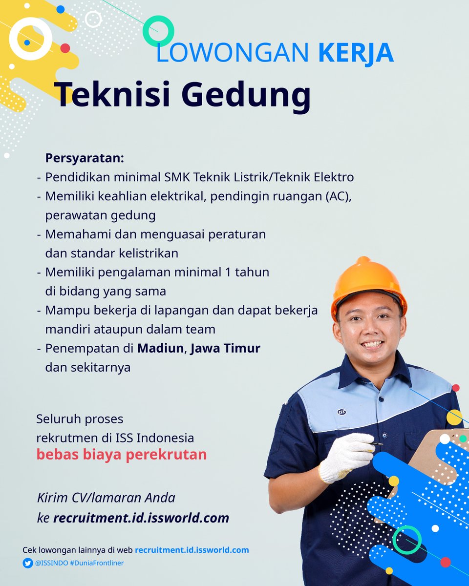 Mimin mau share info buat Sobat Frontliner di daerah Madiun, Jawa Timur! Ada lowongan kerja sebagai Teknisi Gedung nih.

Yuk cek syarat lengkapnya di bawah👇🏻  

#DuniaFrontliner #SobatFrontliner #infoloker #lokerjawatimur