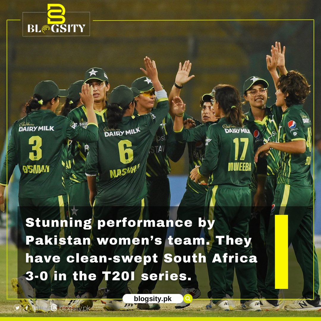Congratulations to our girls on a remarkable 3-0 series win over South Africa! Your skill, determination, and teamwork make us all proud. 

Keep shining, ladies! 💚🇵🇰 

#PAKWvSAW #WomenInGreen #boogsity #Pakistan