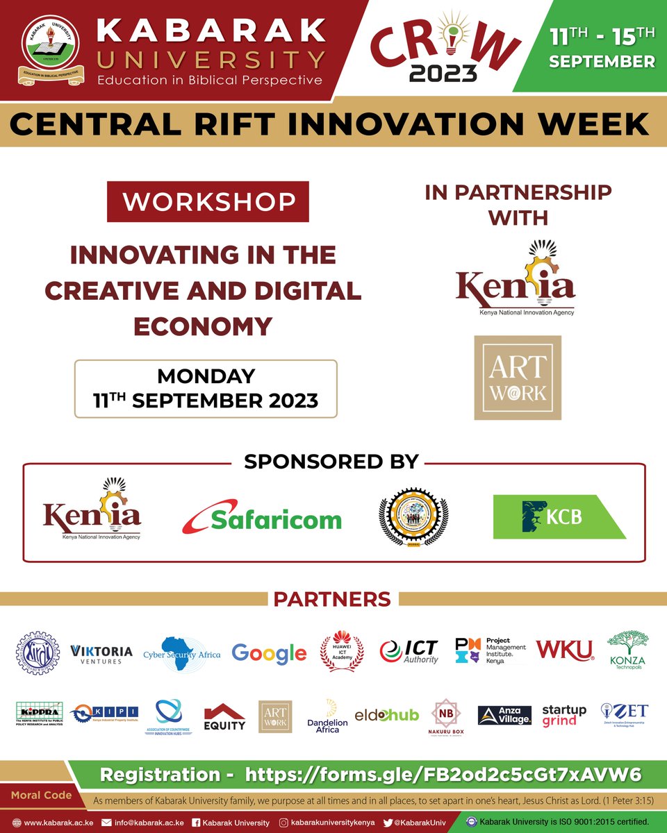 Get Ready to Innovate!

Dive into a world of creativity, learning, and cutting-edge ideas. Don't miss your chance to join the future of innovation. 💡

📝 Register Now: forms.gle/FB2od2c5cGt7xA…

#CRIW2023 <a href="/SafaricomPLC/">Safaricom PLC</a> <a href="/KENIAupdates/">Kenya National Innovation Agency (KeNIA)</a> @KCBGroup <a href="/ICTAuthorityKE/">ICT Authority</a>