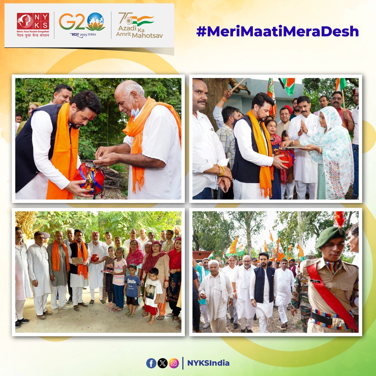 केंद्रीय मंत्री श्री अनुराग सिंह ठाकुर(<a href="/ianuragthakur/">Anurag Thakur</a> ) द्वारा #MeriMaatiMeraDesh अभियान के अंतर्गत हमीरपुर संसदीय क्षेत्र के हरोली व गगरेट विधानसभा में गॉंवों एवं घरों में घूमकर मिट्टी एकत्रित की गई एवं स्वतंत्रता सेनानियों के परिवारों का सम्मान किया गया। 

#VeeronKaVandan