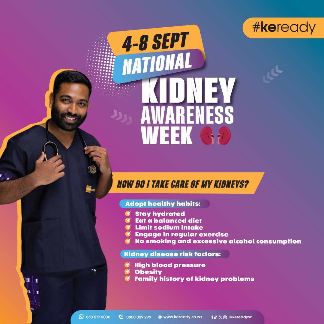 kereadysa's tweet photo. It's #KidneyAwarenessWeek, and we want to remind you that your kidneys are essential for your well-being! Take some time this week to learn more about their function and how you can preserve your kidney's health. 💪 
#keready #HealthIsWealth #HealthyKidneys #KidneyAwareness 💙 https://t.co/BgGhN6p6hF