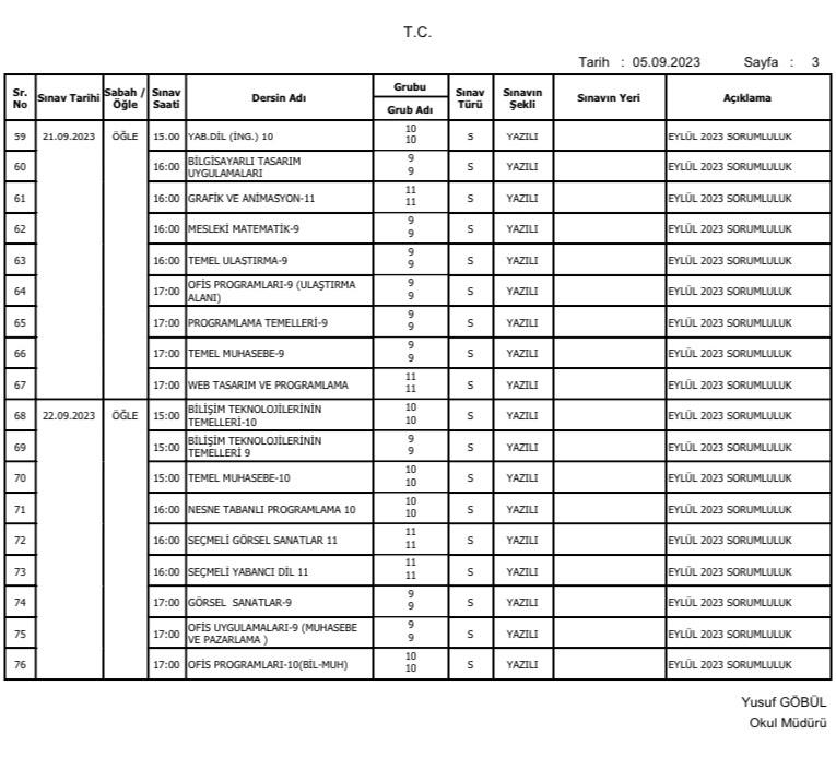2023-2024 Eğitim öğretim yılı Eylül dönemi sorumluluk sınavı tarihlerimiz.