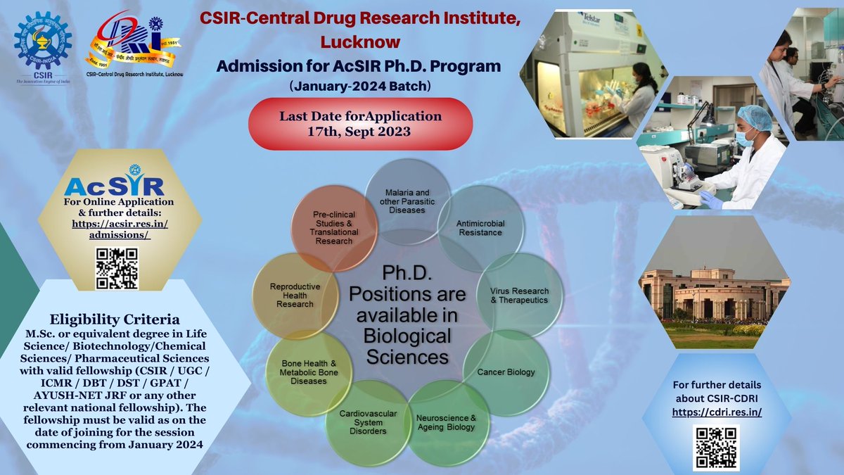 #PhD positions are available in #BiologicalSciences
@CSIR_CDRI 
Visit:cdri.res.in

@CSIR_IND @AcSIR_India @GuwahatiNiper @niperhajipur @NIPERHyd @NIPER_Kolkata @NIPER_SAS_NAGAR @NIPERRaebareli @NIPERAHM  @RGU1984 @TezpurUniv @HydUniv @jmiu_official @UnivofDelhi