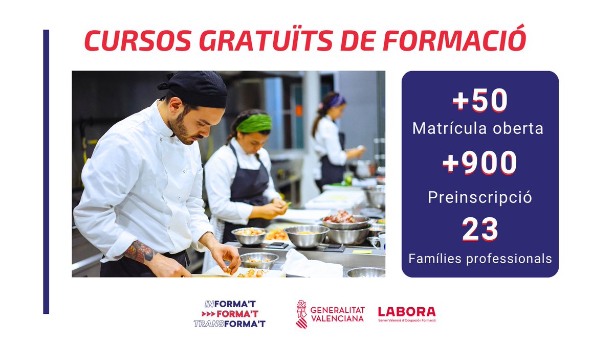 GVAlabora's tweet photo. 🔝T'interessa algun dels nostres #cursos de #formació❓
▪️ 50+ matrícula oberta
▪️ 900+ permeten preinscripcions
🎓#laboraetforma per a millorar el teu futur laboral
💼23 famílies professionals
🔎Troba la teua opció idònia i prop de tu➡️ https://t.co/60PNTBZSZ2
#SomLabora https://t.co/Bk1Sr7KxhE