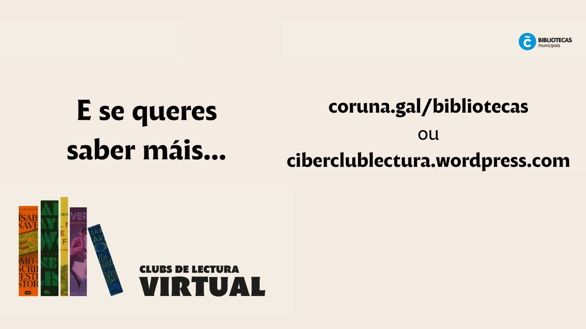 Seguro que sabes que podes formar parte dalgún dos moitos #clubsdelectura presenciais que organizamos as bibliotecas municipais, dos que iniciamos inscricións o 4 de setembro, pero… coñeces o noso #Ciberclub? 
📲 coruna.gal/bibliotecas/gl…

#clubvirtualdelectura #eusondesteclub