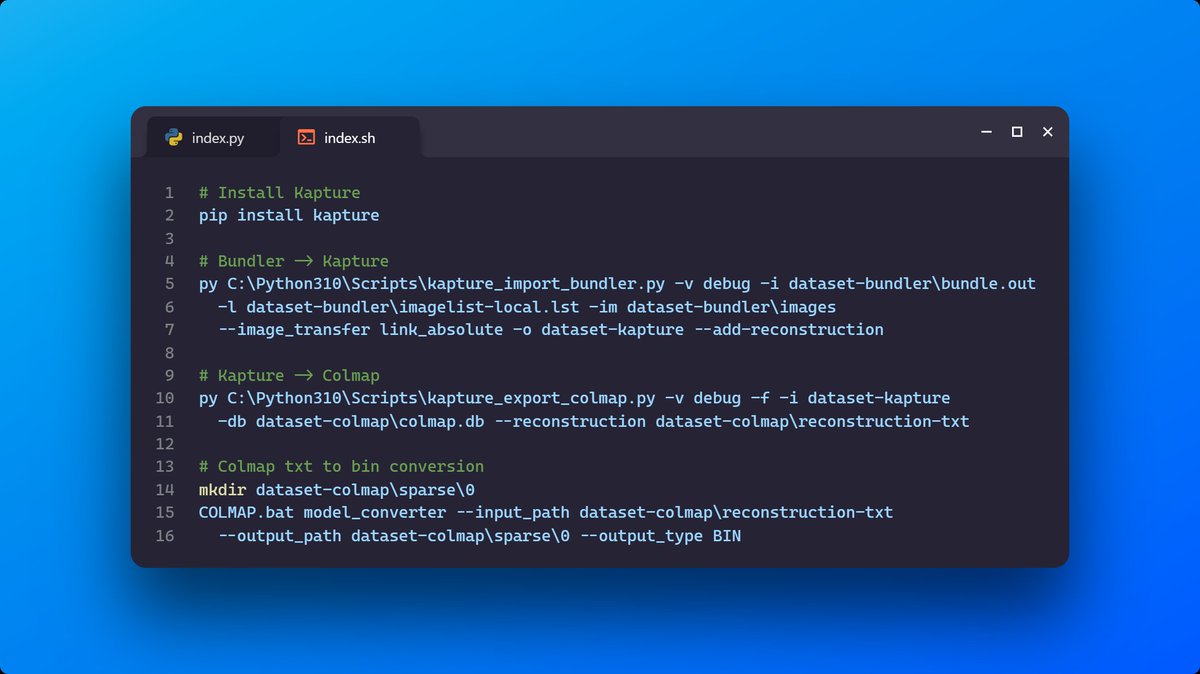jo_chemla's tweet image. Following a discussion w. @Azadux @miguelbandera &amp;amp; @gradeeterna I decided to give it a go and describe the procedure to convert a @RealityCapture_ registration to #colmap via #Kapture

Faster processing of cam poses than with colmap, useful for playing w #GaussianSplatting/#NeRF!