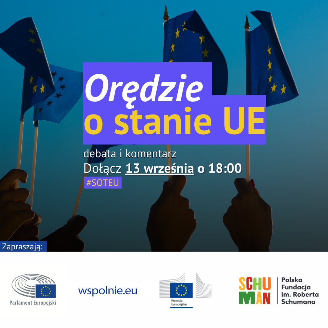 🇪🇺 Już 13 września o 18.00 zapraszamy na debatę online „Orędzie o stanie Unii. Jaki kurs dla Europy?”, podczas której omówimy orędzie o stanie UE wygłoszone przez przewodniczącą Komisji <a href="/vonderleyen/">Ursula von der Leyen</a> oraz debatę z posłami do Parlamentu Europejskiego: 👉eptwitter.eu/qD3X