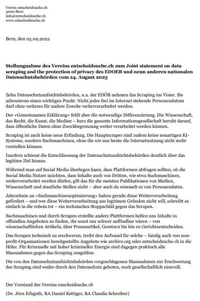 entscheidsuche's tweet photo. Der Verein https://t.co/p6mw8P5dAi nimmt Stellung zum Joint statement on data scraping and the protection of privacy des EDOEB und neun anderen nationalen Datenschutzbehörden vom 24. August 2023: https://t.co/HMP1El9Fj3 https://t.co/TyRJy1pwJn