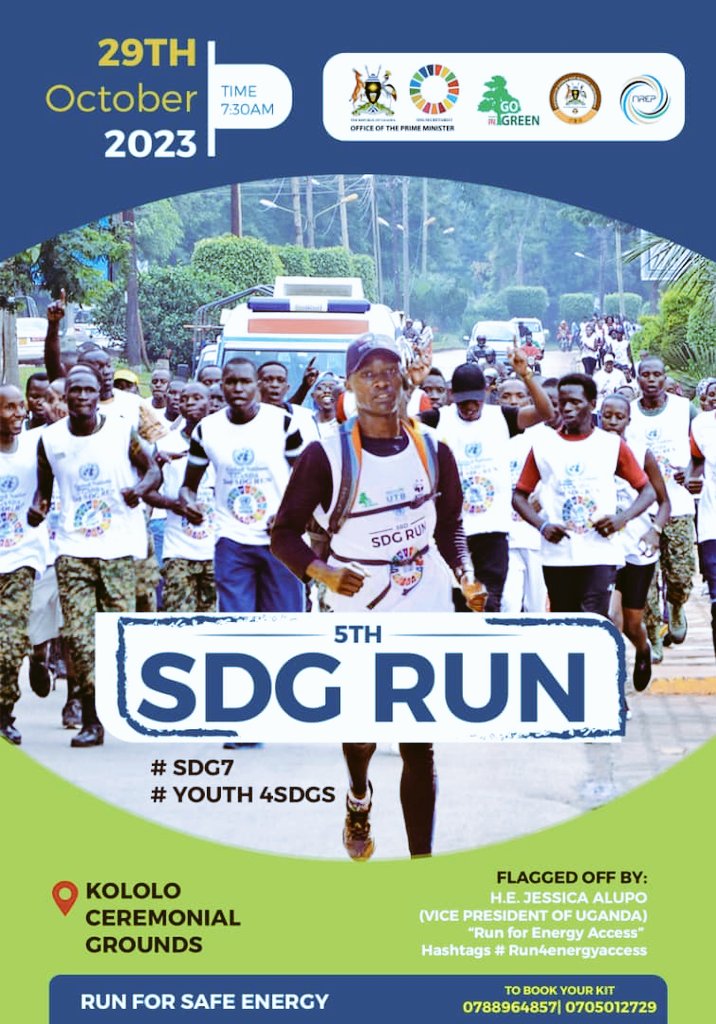 Take a stand for the love of green without delay by Booking your kit today for the #5thSDGRUN via 0788964857 or  0705012729. #Run4EnergyAccess.

Note: #ChiefRunner will be the Vice President of Uganda @jessica_alupo.

@KagutaMuseveni @youthgogreen @KingNadiopeIV @UNICEF