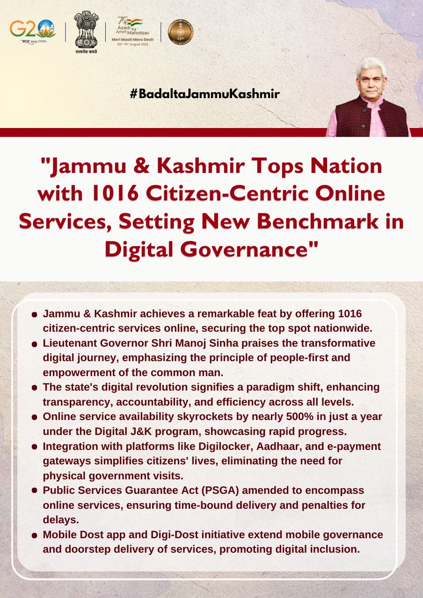 BasharatParray_'s tweet photo. Jammu & Kashmir's remarkable achievement of 1016 citizen-centric online services is a shining testament to the power of digital governance.
It's a game-changer for the region, ushering in a new era of accessibility and convenience for its people.
#SayYesToDigital
#DigitalWeekJK https://t.co/p6HlWkEZ7p