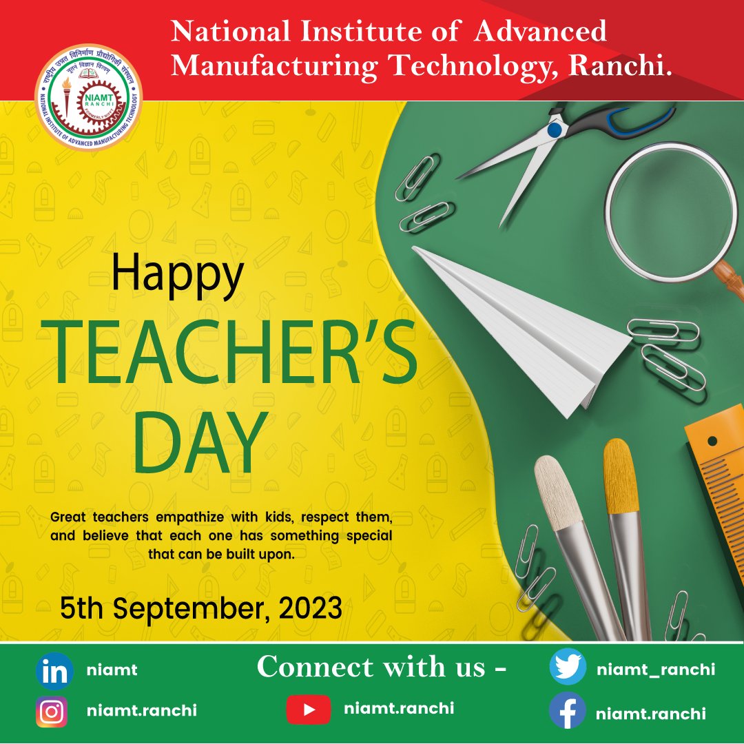 niamt_ranchi's tweet photo. Happy Teacher's Day to all the dedicated educators who inspire, guide, and shape the future, thank you for your unwavering commitment to knowledge and growth.
#TeachersDay #Inspiration #Education #NIAMT #NIFFT #TeachersDay2023 https://t.co/6gQ78ASipN