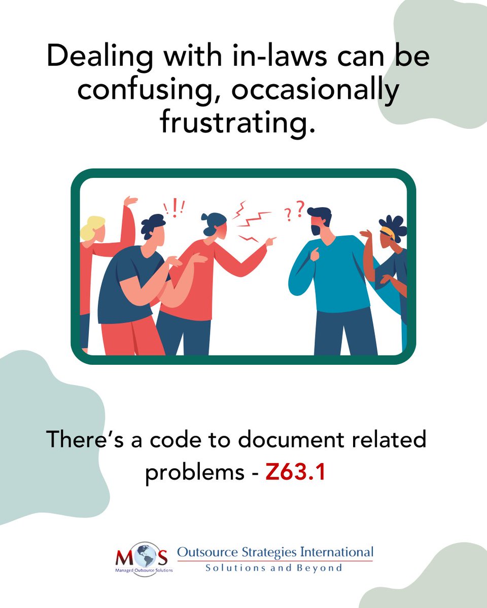 osi_medcoding's tweet image. Accurate medical coding is crucial for proper billing, documentation, and communication among healthcare professionals.
For problems in relationship with in-laws, the code is Z63.1.
#medicalcode #medicalcoding #icd10codes