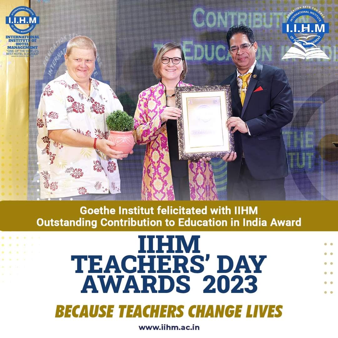 RahulPuri009's tweet photo. A throwback to the #TeachersDayAwards2023 at IIHM Kolkata 

Goethe-Institut was felicitated with the IIHM Outstanding Contribution to Education in India Award. 

#iihm30years #iihmbest3years #iihmhotelschools #teachersday2023 https://t.co/MSz4LZdK14