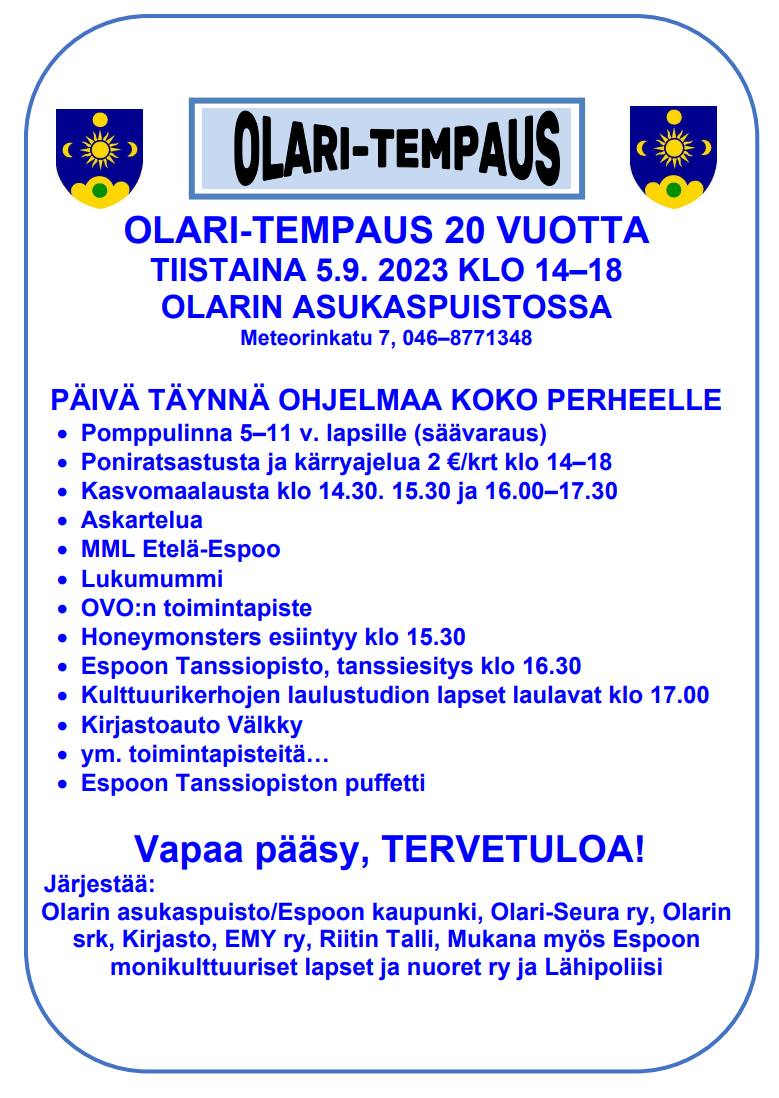 emyespoo2's tweet photo. Kaikki lapset ja lapsenmieliset, tänään mukaan Olari-tempaukseen! Olarin asukaspuistossa tiistaina klo 14-18. Vapaa pääsy 🥳 #lapset #perheet #olari https://t.co/gcxqbSLKrr https://t.co/KWd4TOoCHk