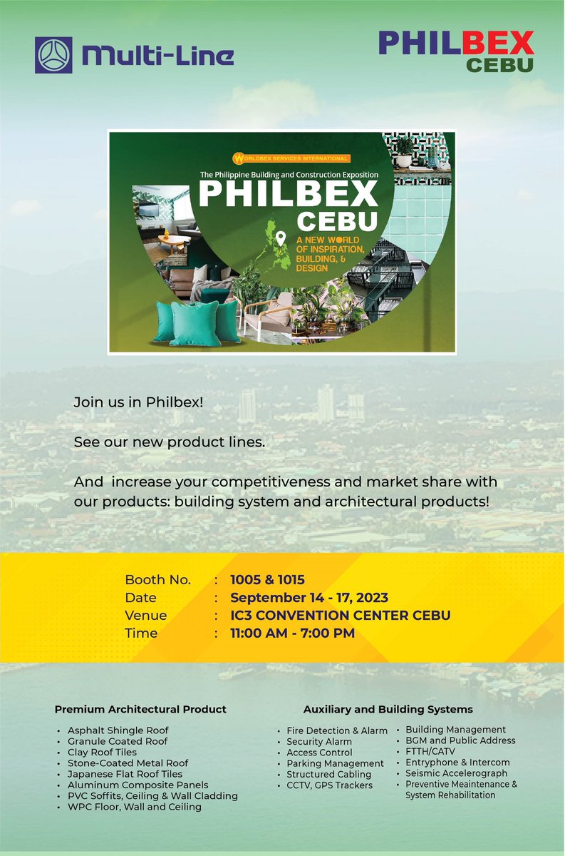 MultiLineQC's tweet photo. The Countdown Begins!

Join us at Philbex Cebu from September 14-17 2023!

Drop by our booth to catch an exclusive glimpse of our cutting-edge construction products, tailor-made for your projects!

See you Cebu! https://t.co/aJjDVSPeXP
