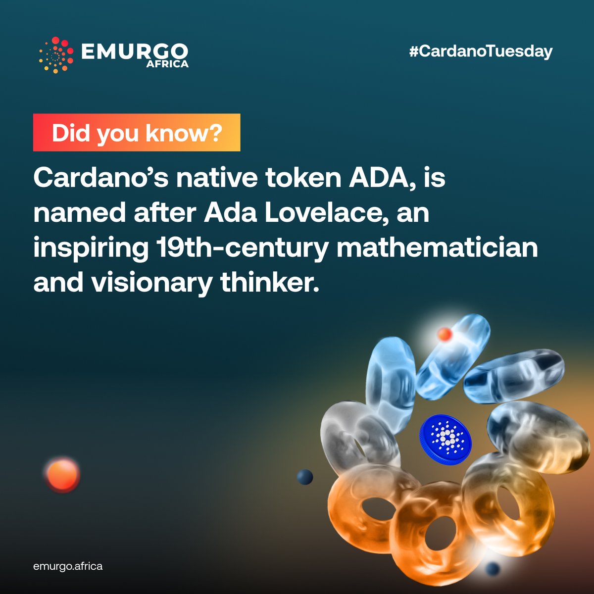 EmurgoAfrica's tweet photo. Did you know?

Cardano's native token, ADA, is named after Ada Lovelace, an inspiring 19th-century mathematician and visionary thinker. Her work paved the way for today's computing landscape. 
🖥️

#CardanoTuesday https://t.co/MXdumCerQg