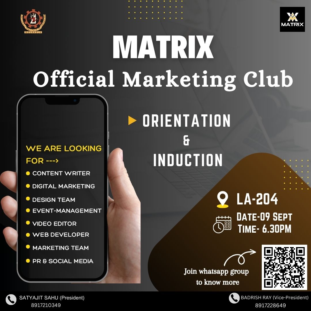 matrix_nitr's tweet photo. Calling out all freshers and sophomores who are ready to excel in marketing.

Join Matrix Club to explore
•Digital Marketing
•Social Media Marketing 
•Exciting Marketing Games
•Case study Analysis

Orientation on 09/09/2023 at 6:30 PM in LA-204.
We await your arrival. https://t.co/YKPZ92W3gx