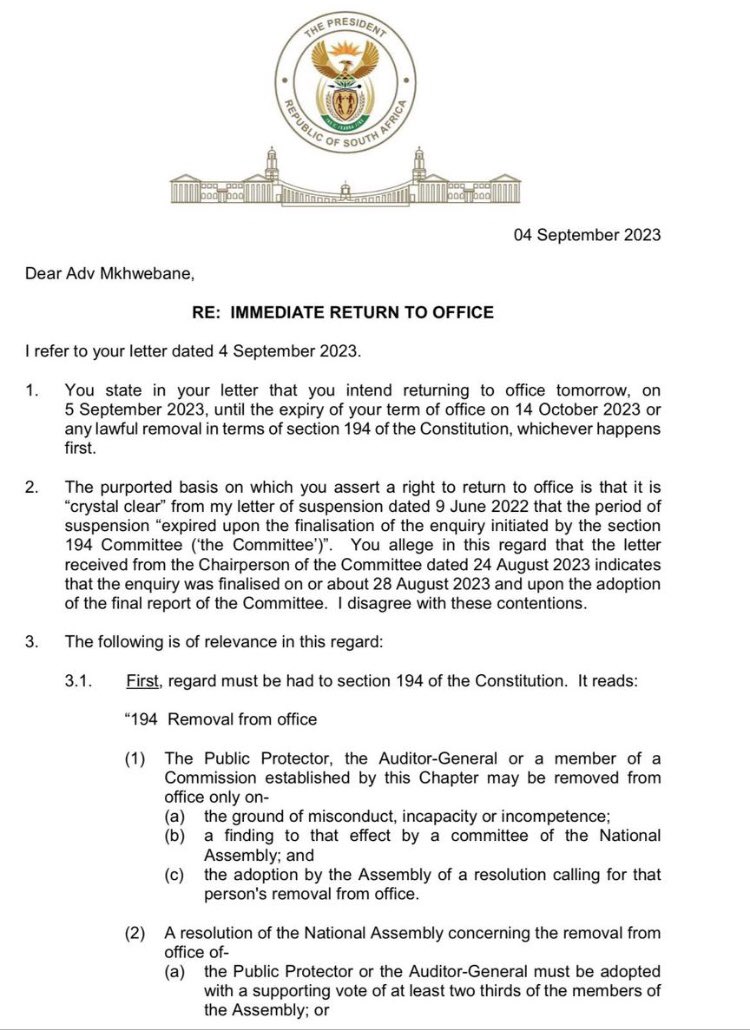 IsmailAbramjee's tweet photo. JUST IN:
President Ramaphosa has warned suspended PP Busisiwe Mkhwebane to steer clear of the PPSA offices after she earlier threatened him that she was going to return to work today. 
In his letter, he states that she is misinterpreting the law and remains suspended. https://t.co/CfHMUcMtHX